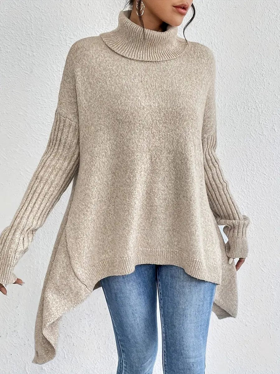 Women's Oversized Ribbed Turtleneck Sweater - High-Low Hem | Autumn