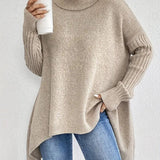 Women's Oversized Ribbed Turtleneck Sweater - High-Low Hem | Autumn - Desert Khaki