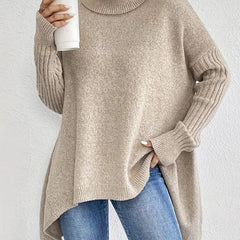 Women's Oversized Ribbed Turtleneck Sweater - High-Low Hem | Autumn - Desert Khaki