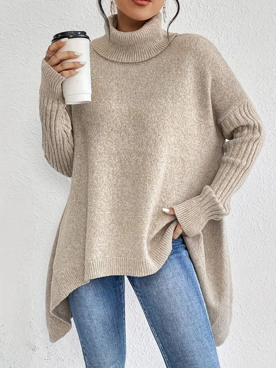 Women's Oversized Ribbed Turtleneck Sweater - High-Low Hem | Autumn - Desert Khaki
