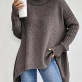 Women's Oversized Ribbed Turtleneck Sweater - High-Low Hem | Autumn - Espresso Brown