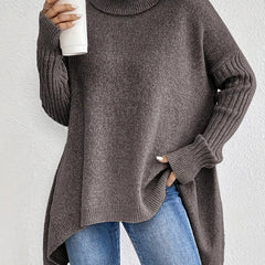 Women's Oversized Ribbed Turtleneck Sweater - High-Low Hem | Autumn - Espresso Brown