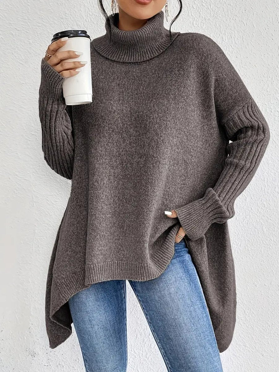 Women's Oversized Ribbed Turtleneck Sweater - High-Low Hem | Autumn - Espresso Brown