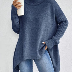 Women's Oversized Ribbed Turtleneck Sweater - High-Low Hem | Autumn - Ocean Blue