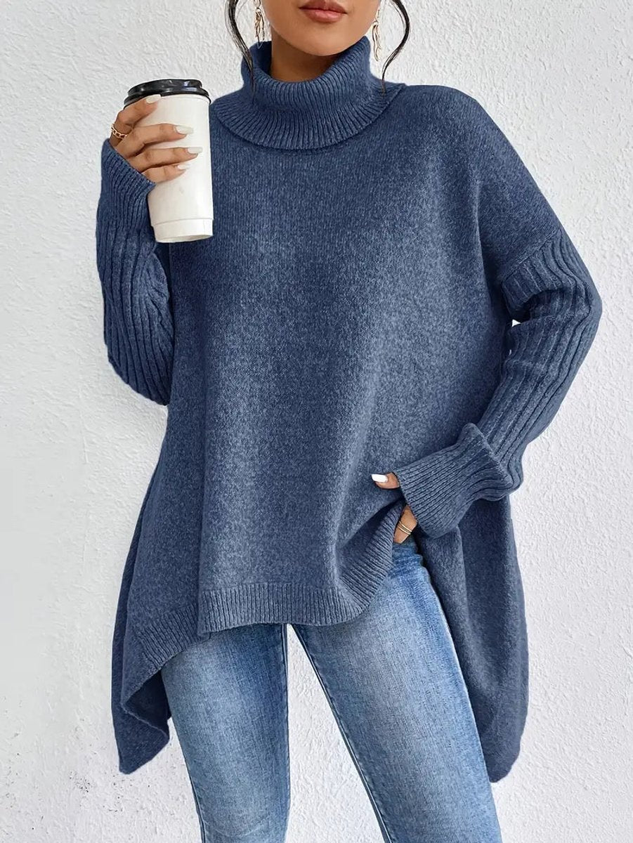 Women's Oversized Ribbed Turtleneck Sweater - High-Low Hem | Autumn - Ocean Blue