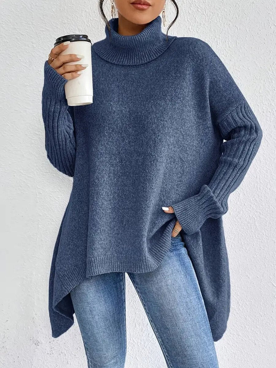 Women's Oversized Ribbed Turtleneck Sweater - High-Low Hem | Autumn - Ocean Blue