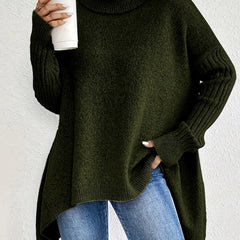 Women's Oversized Ribbed Turtleneck Sweater - High-Low Hem | Autumn - Pine Green