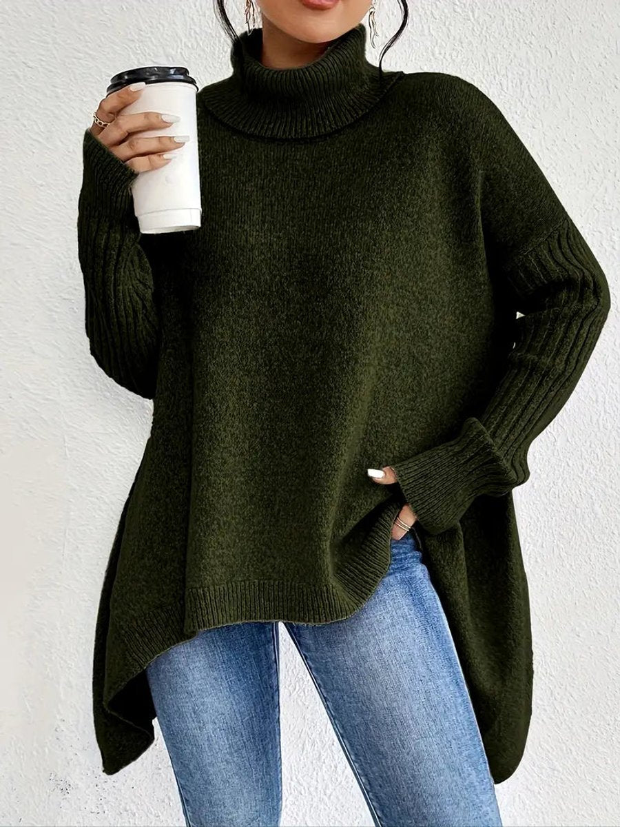 Women's Oversized Ribbed Turtleneck Sweater - High-Low Hem | Autumn - Pine Green
