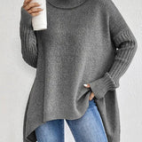 Women's Oversized Ribbed Turtleneck Sweater - High-Low Hem | Autumn - Stone Gray