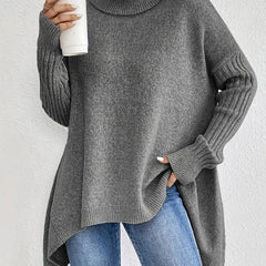 Women's Oversized Ribbed Turtleneck Sweater - High-Low Hem | Autumn - Stone Gray