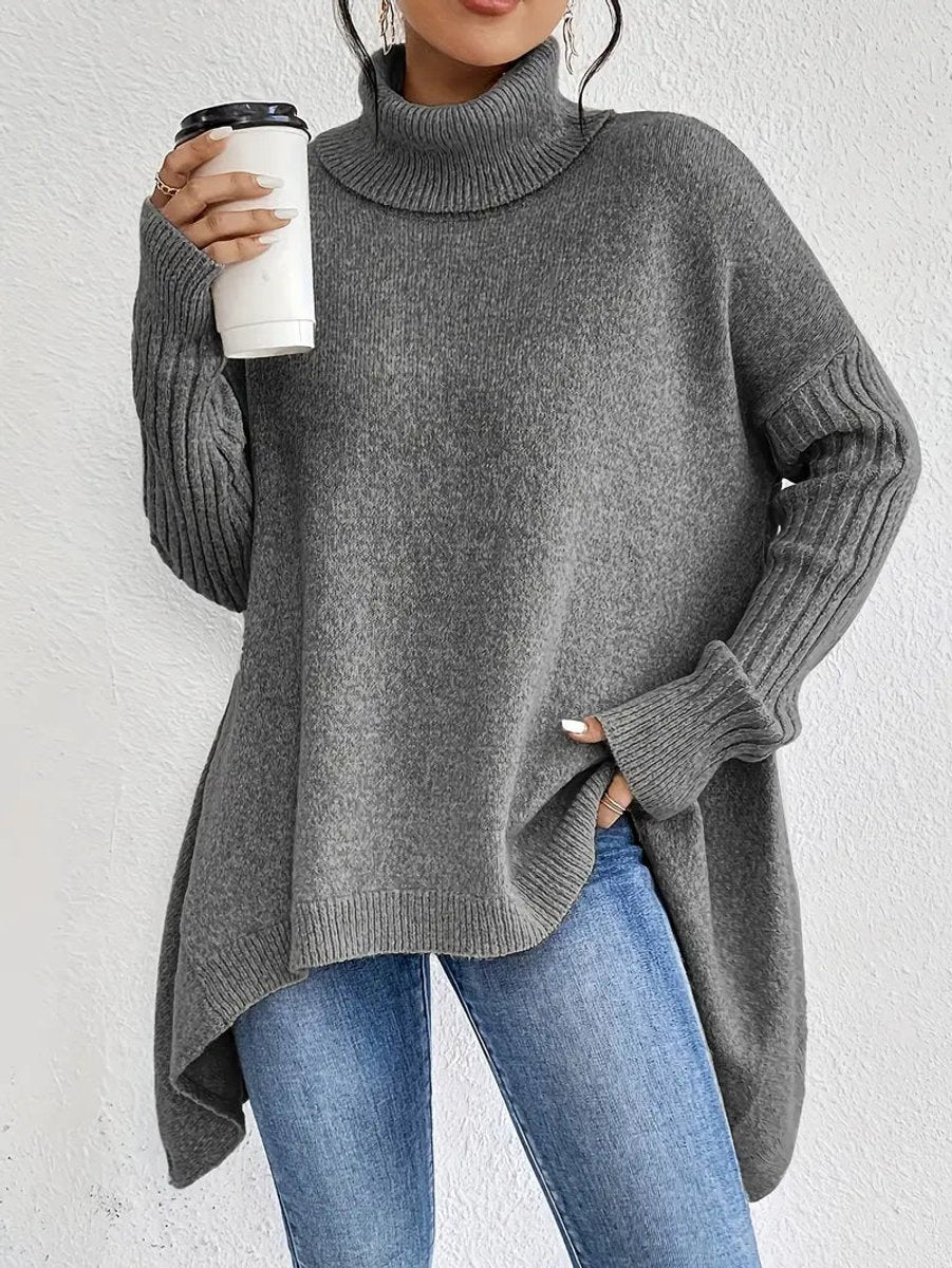Women's Oversized Ribbed Turtleneck Sweater - High-Low Hem | Autumn - Stone Gray