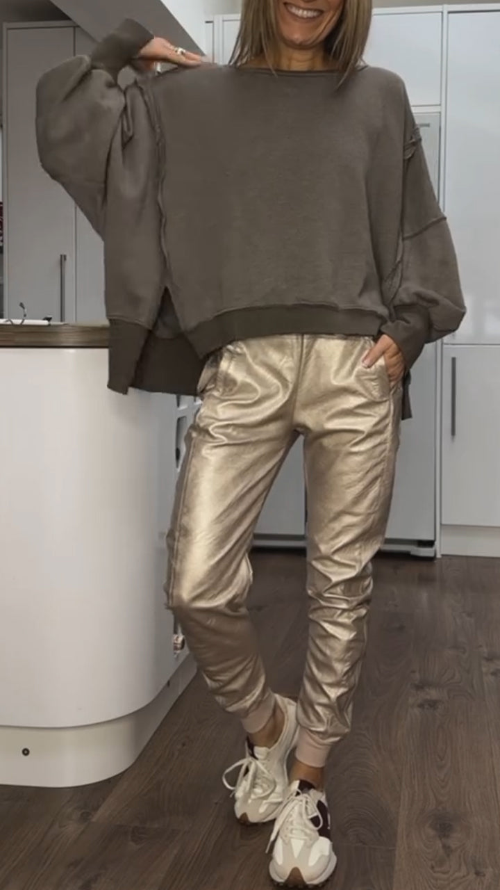 Women's Oversized Sweater & Satin Pants Set - Casual Lounge | Fall - Army Green