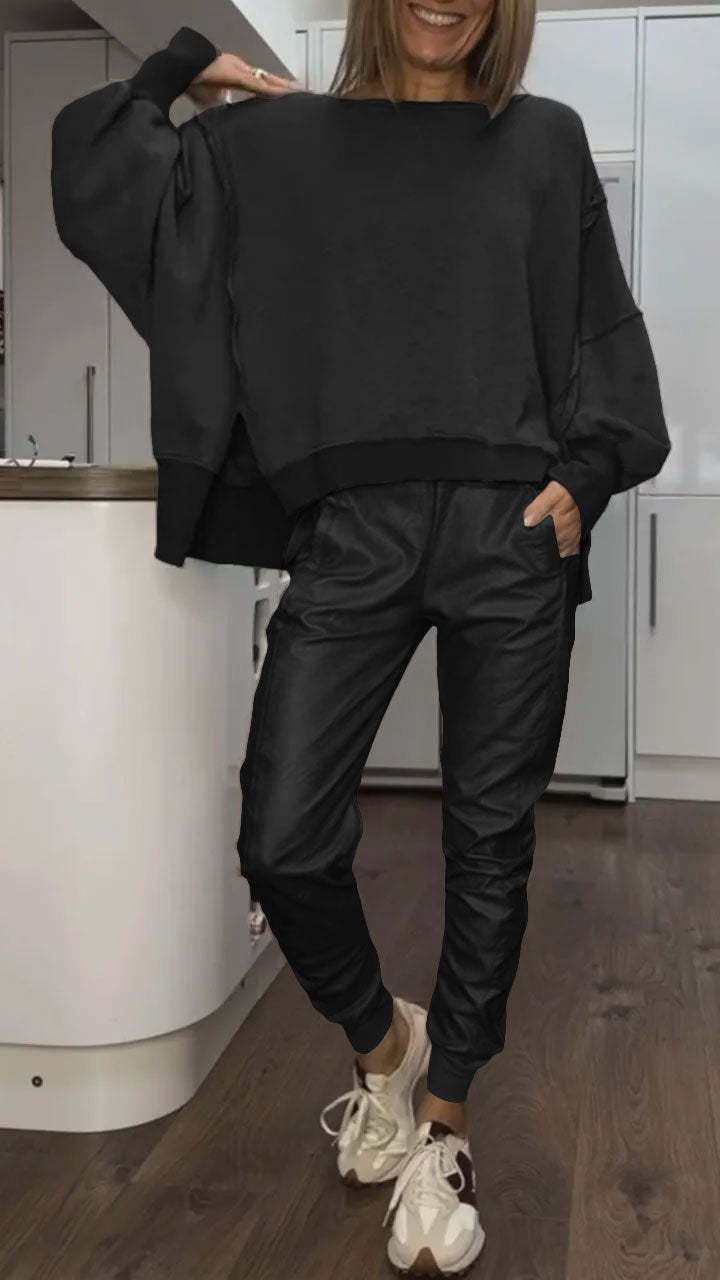Women's Oversized Sweater & Satin Pants Set - Casual Lounge | Fall - Black
