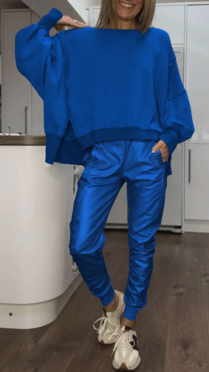 Women's Oversized Sweater & Satin Pants Set - Casual Lounge | Autumn - Blue