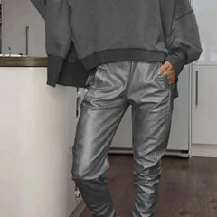Women's Oversized Sweater & Satin Pants Set - Casual Lounge | Autumn - Grey
