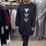 Women's Oversized Sweatshirt Dress with Heart Print | Autumn - Black