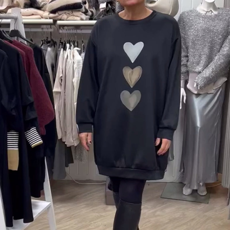 Women's Oversized Sweatshirt Dress with Heart Print | Fall - Black