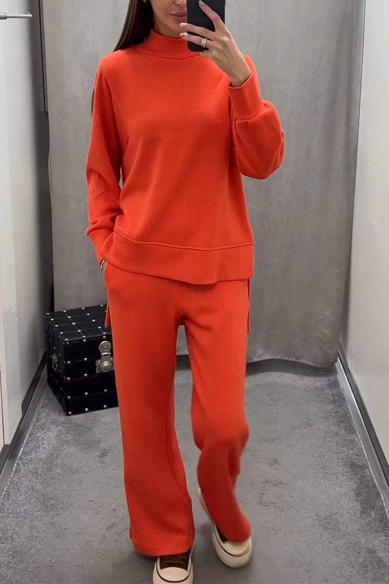 Women's Oversized Sweatshirt & Wide Leg Pants Set - Orange | Fall - Orange
