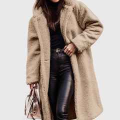 Women's Oversized Teddy Fleece Coat - Longline Winter - Beige