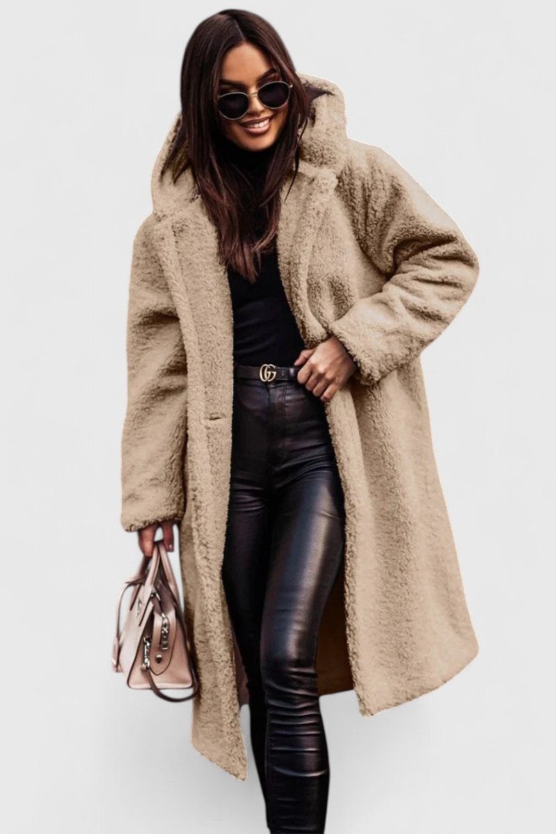 Women's Oversized Teddy Fleece Coat - Longline Winter - Beige