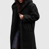 Women's Oversized Teddy Fleece Coat - Longline Winter - Black