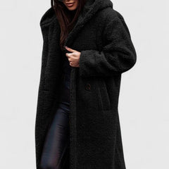 Women's Oversized Teddy Fleece Coat - Longline Winter - Black