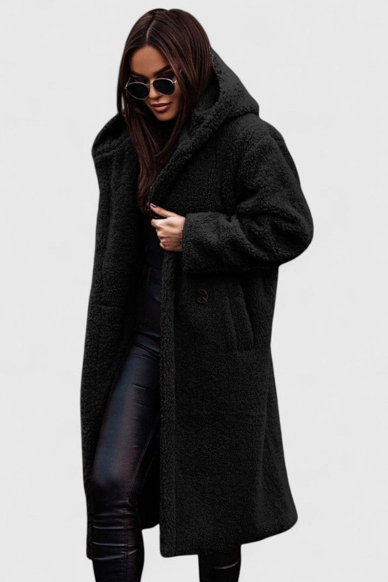 Women's Oversized Teddy Fleece Coat - Longline Winter - Black
