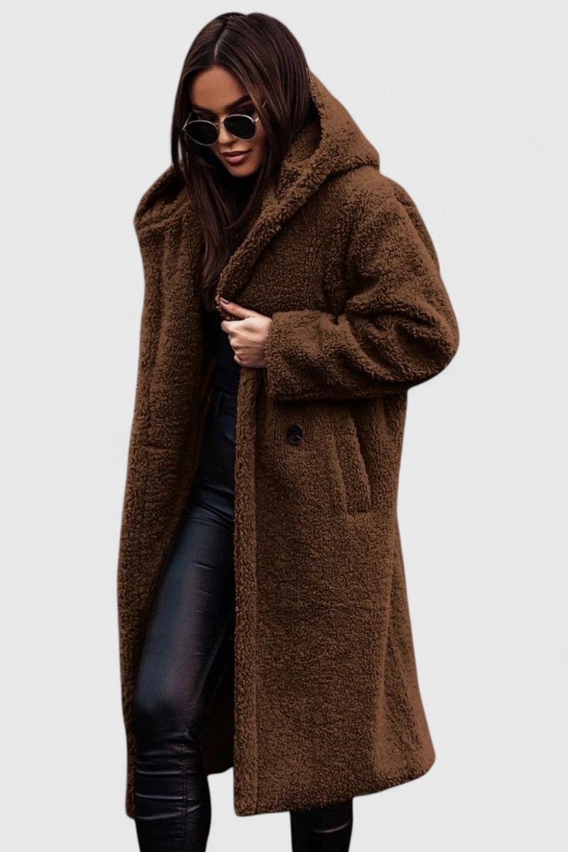 Women's Oversized Teddy Fleece Coat - Longline Winter - Brown