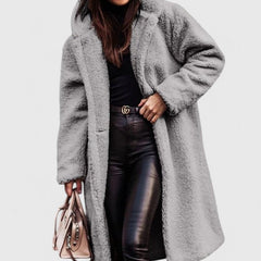 Women's Oversized Teddy Fleece Coat - Longline Winter - Gray