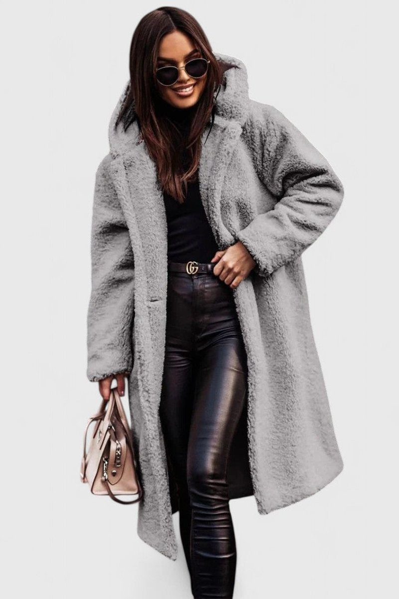 Women's Oversized Teddy Fleece Coat - Longline Winter - Gray