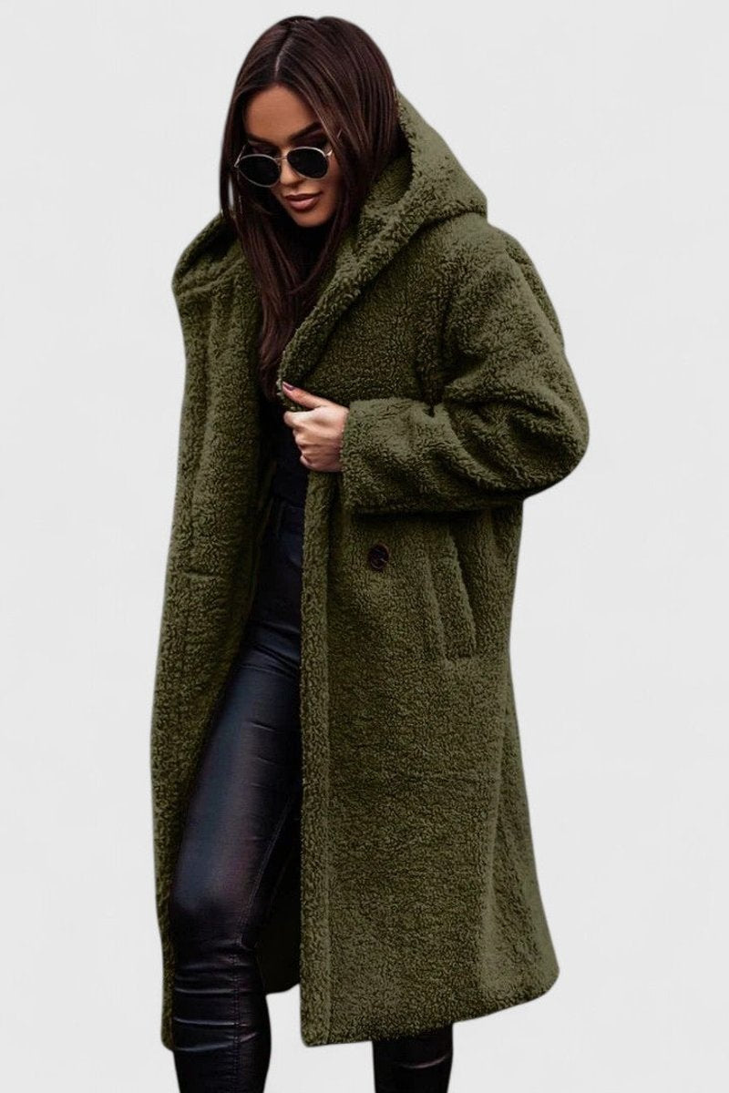 Women's Oversized Teddy Fleece Coat - Longline Winter - Green