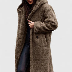 Women's Oversized Teddy Fleece Coat - Longline Winter - Khaki