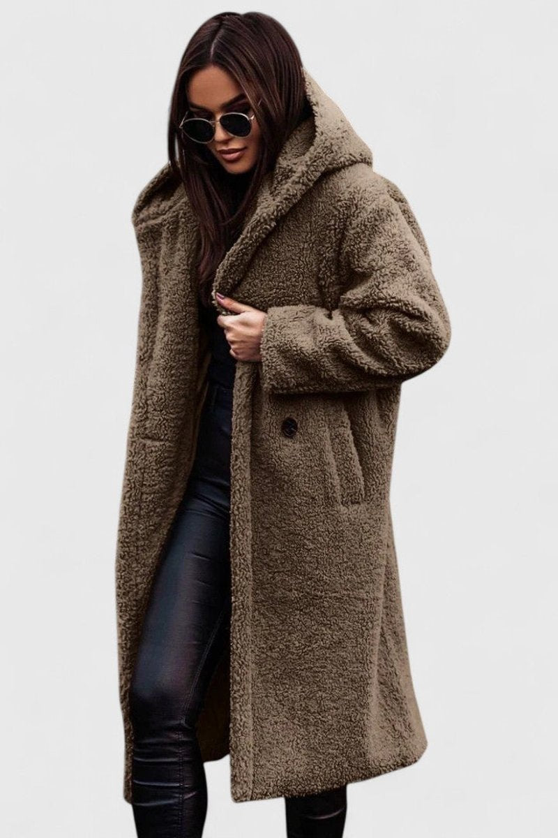 Women's Oversized Teddy Fleece Coat - Longline Winter - Khaki