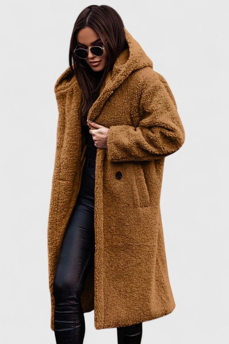Women's Oversized Teddy Fleece Coat - Longline Winter - Light Brown