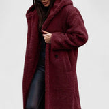 Women's Oversized Teddy Fleece Coat - Longline Winter - Red