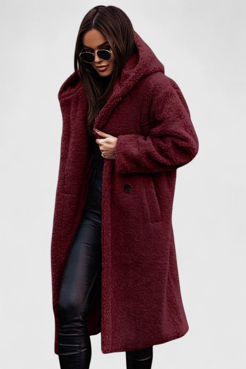 Women's Oversized Teddy Fleece Coat - Longline Winter - Red