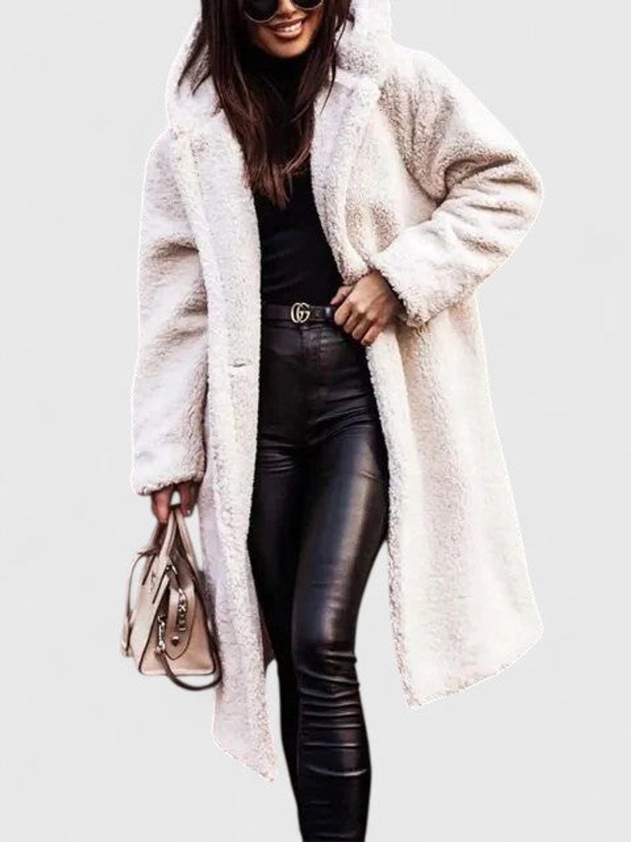 Women's Oversized Teddy Fleece Coat - Longline Winter - White