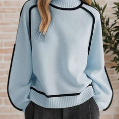 Women's Oversized Turtleneck Colorblock Knit Sweater | Autumn - Blue