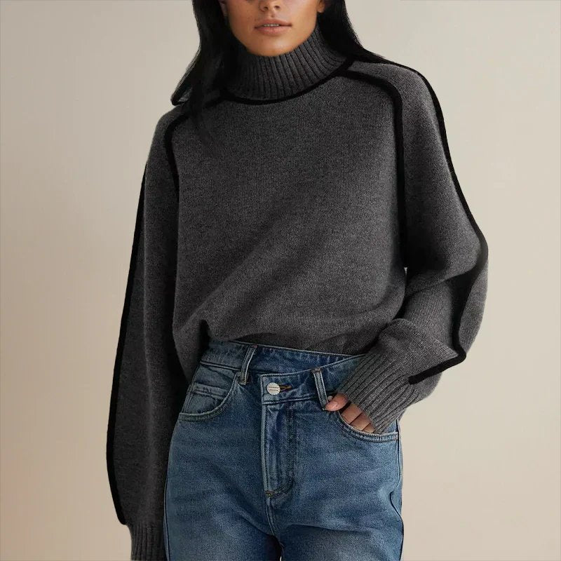 Women's Oversized Turtleneck Colorblock Knit Sweater | Autumn - Grey