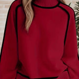 Women's Oversized Turtleneck Colorblock Knit Sweater | Autumn - Red