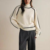 Women's Oversized Turtleneck Colorblock Knit Sweater | Autumn - White