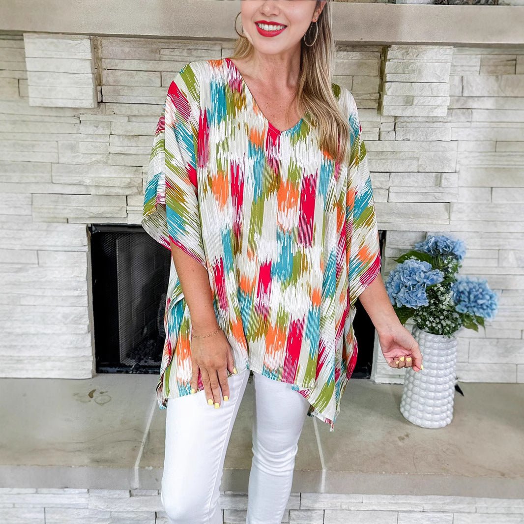 Women's Oversized V-Neck Abstract Print Tunic Top | Spring
