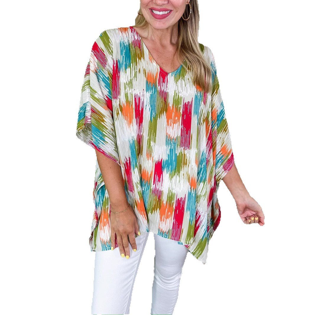 Women's Oversized V-Neck Abstract Print Tunic Top | Spring