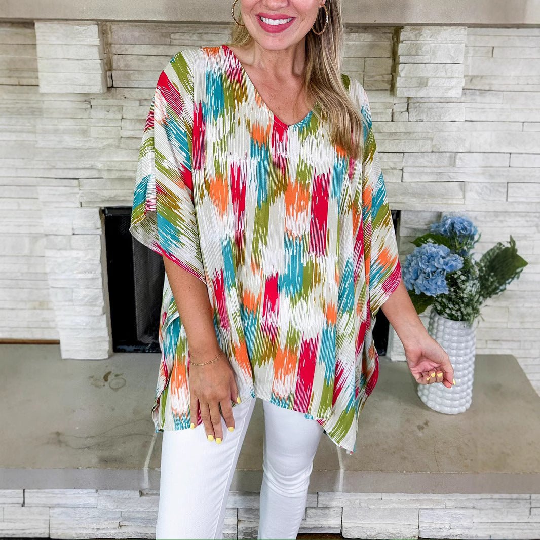 Women's Oversized V-Neck Abstract Print Tunic Top | Spring