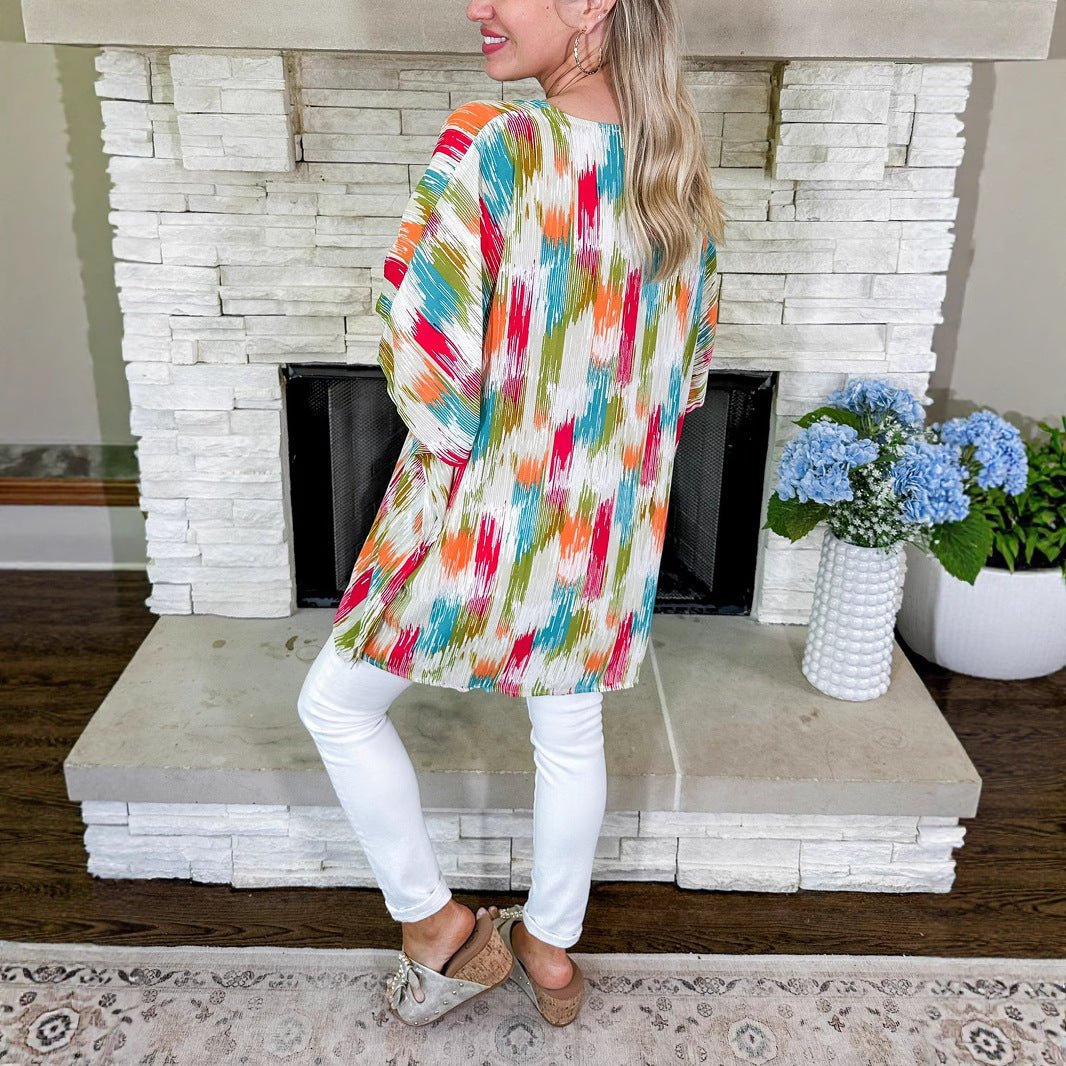 Women's Oversized V-Neck Abstract Print Tunic Top | Spring