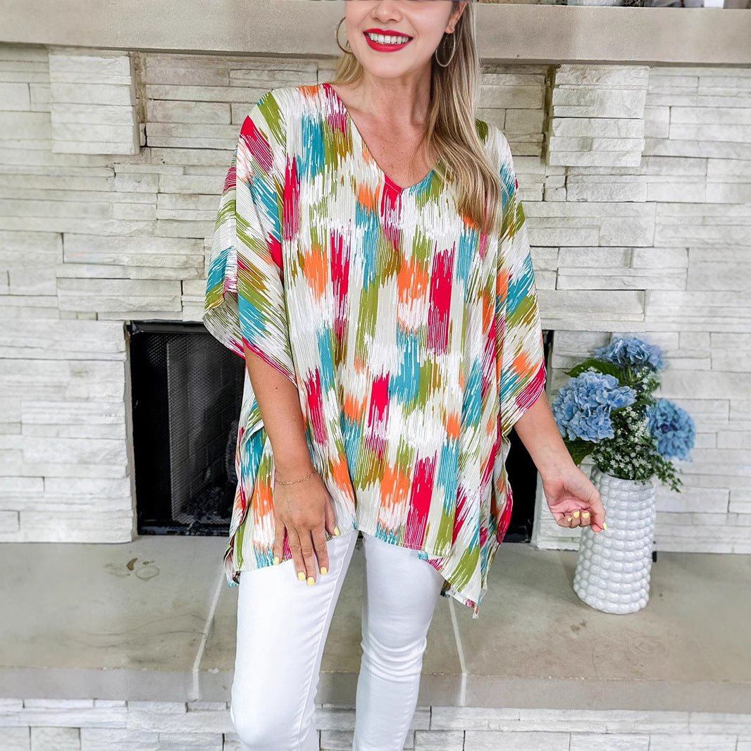 Women's Oversized V-Neck Abstract Print Tunic Top | Spring
