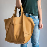 Women's Oversized Vegan Leather Tote Bag - Magnetic Closure | Autumn - Mustard