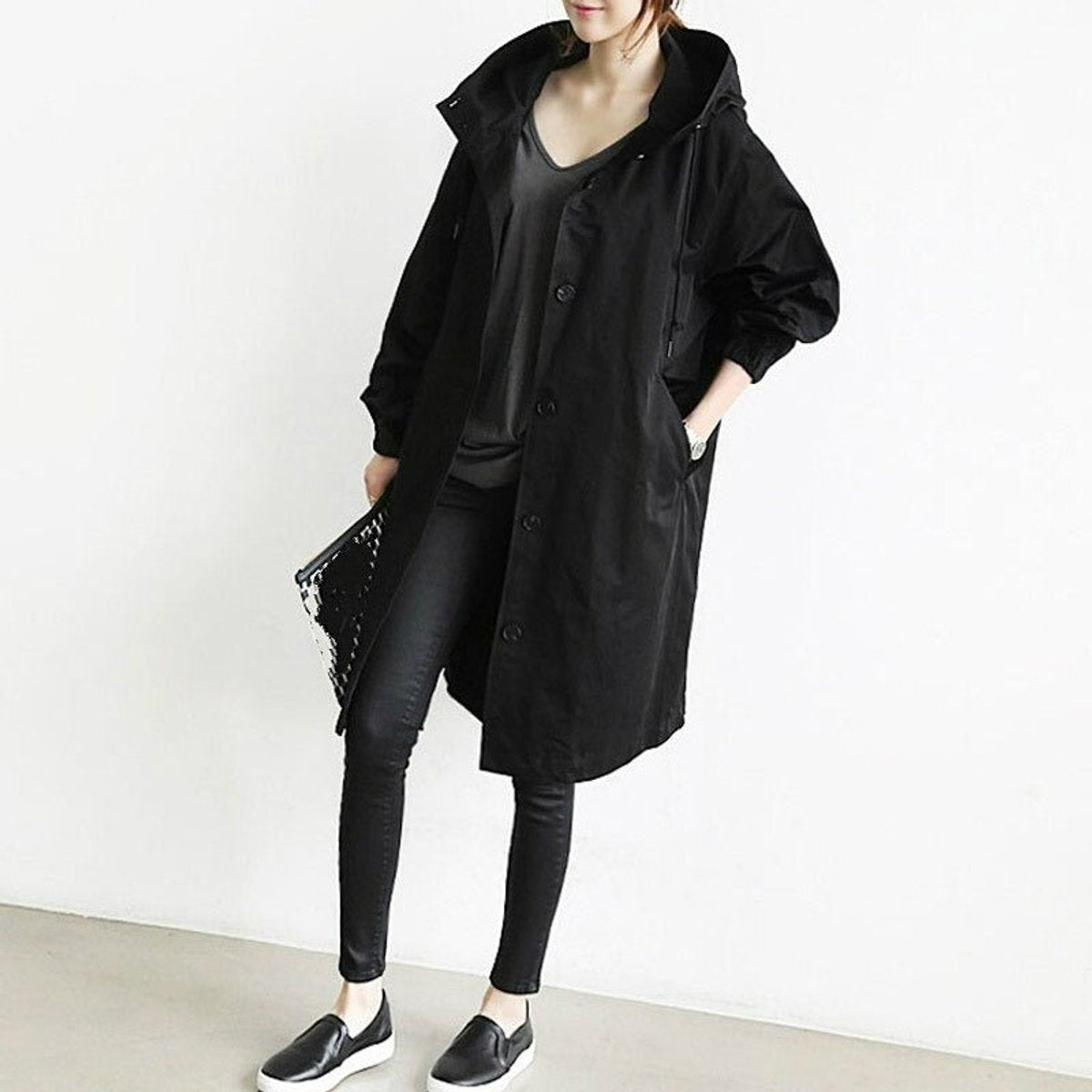 Women's Oversized Water-Resistant Trench Coat - Relaxed Fit | Autumn - Black