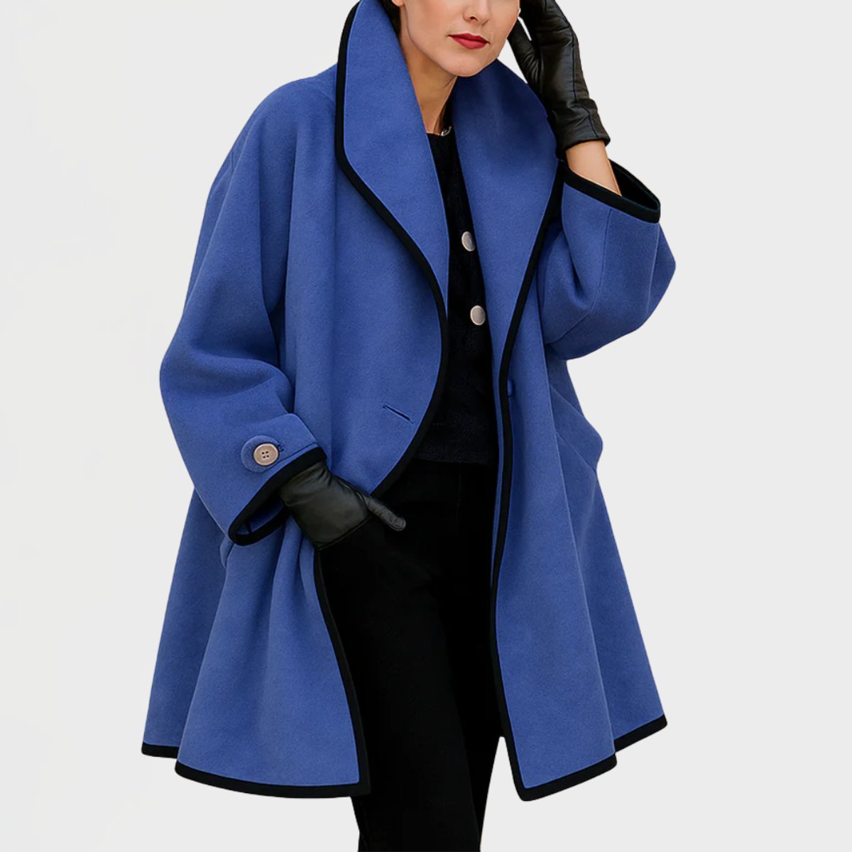 Women's Oversized Wool-Blend Swing Coat with Contrast Trim | Autumn - Blue
