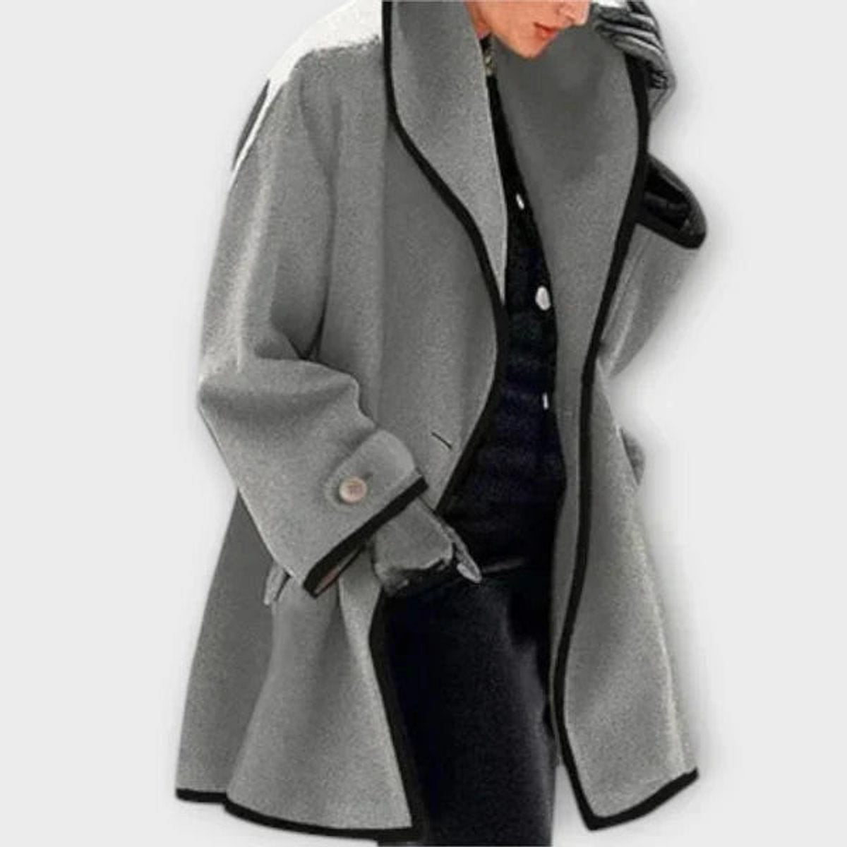 Women's Oversized Wool-Blend Swing Coat with Contrast Trim | Autumn - Grey